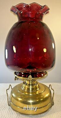 Brass & Cranberry Glass Oil Paraffin Lamp VALOR VERITAS 46 cm Tall 25 cm Dia