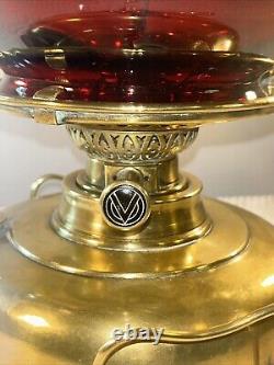 Brass & Cranberry Glass Oil Paraffin Lamp VALOR VERITAS 46 cm Tall 25 cm Dia