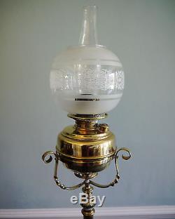 Brass Standard Lamp, Victorian, Telescopic, Oil Double Burner & Etched Shade