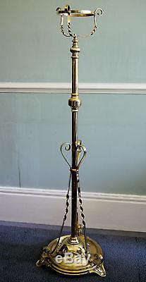 Brass Standard Lamp, Victorian, Telescopic, Oil Double Burner & Etched Shade