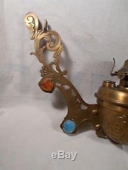 Brass Victorian hanging kerosene oil lamp Jeweled brass frame, Fantastic