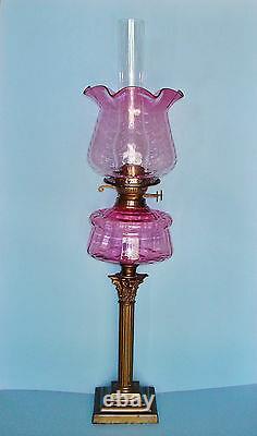 British Victorian Oil Lamp Corinthian Stem Duplex Burner Cranberry Ruffle Shade