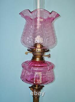 British Victorian Oil Lamp Corinthian Stem Duplex Burner Cranberry Ruffle Shade
