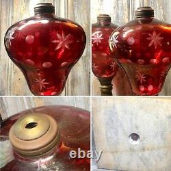 C. 1860 Boston & Sandwich Glass Ruby Cut to Clear 14 Fluid Whale Oil Lamp Set