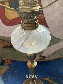 C1900 Vaseline Shade And Well Peg Oil Lamp With Burner And Brass Candlestick