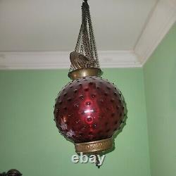 Ca. 1910 Antique VICTORIAN CRANBERRY HOBNAIL Hanging OIL LAMP Chandelier COMPLETE