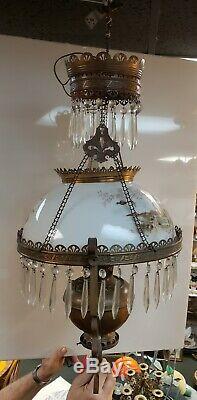 Circa 1890 Bradley & Hubbard Brass/Opaline Glass Electrified Hanging Oil Lamp