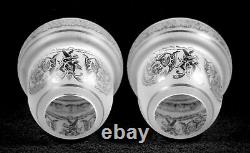 Clear Acid Etched Cupids Griffins Gas Kerosene Oil Lamp Shades Globes Pair (2)