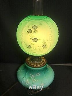Consolidated Banquet Oil Lamp Cased Satin Glass Green GWTW Fishnet Pattern