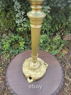 Continental Oil Lamp. Cast Brass Base Acanthus Swags. Moulded Blue Glass Font