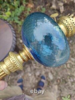 Continental Oil Lamp. Cast Brass Base Acanthus Swags. Moulded Blue Glass Font