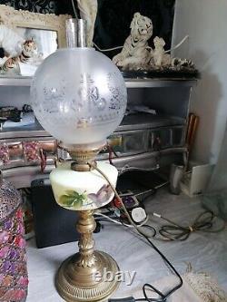 Converted Antique Opaline Handpainted Glass Victorian Oil Lamp