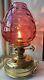 Converted Victorian Veritas Brass Oil Lamp with Cranberry Glass Shade