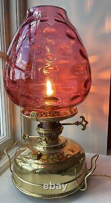 Converted Victorian Veritas Brass Oil Lamp with Cranberry Glass Shade