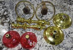 Cranberry Coin Glass Thumbprint Peg Lamp Pair Set Kerosene Oil Brass Vtg Antique