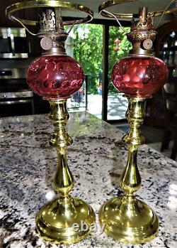 Cranberry Coin Glass Thumbprint Peg Lamp Pair Set Kerosene Oil Brass Vtg Antique