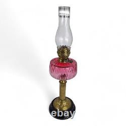 Cranberry Glass Oil Lamp T Rowatt & Sons Brass Pedestal Stone Base