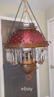 Cranberry Hobnail Hanging Parlor Library Lamp