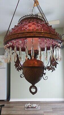 Cranberry Hobnail Hanging Parlor Library Lamp