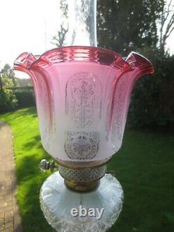 Cranberry Oil Lamp Shade Antique Veritas Victorian Tulip Acid Etched Duplex