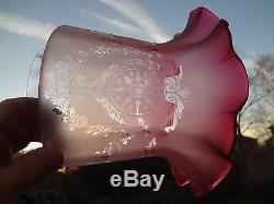 Cranberry etched glass oil lamp shade