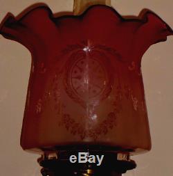 Cranberry etched glass oil lamp shade