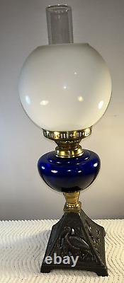 DUPLEX Oil Lamp Cast Base Blue Glass Font Clear Glass Chimney & Milk Glass Shade