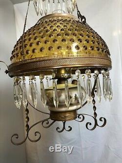 Dated 1892 Victorian Hanging Parlor Oil Lamp With Prisms & Amber Hobnail Shade