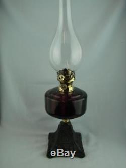 Decorative Victorian Oil Lamp Cast Base Art Nouveau Design & Amethyst Glass Font