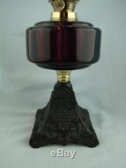 Decorative Victorian Oil Lamp Cast Base Art Nouveau Design & Amethyst Glass Font