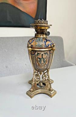 Doulton Lambeth large oil lamp with brass frame Hinks Duplex burner