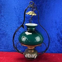 Duplex Hanging Lamp Electric Conversion with Green Glass Shade Vintage Lighting