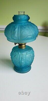 EAPG Victorian Miniature Wild Iris Pattern Glass Frosted Blue Oil Lamp