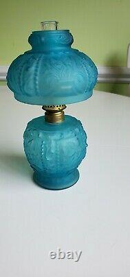 EAPG Victorian Miniature Wild Iris Pattern Glass Frosted Blue Oil Lamp