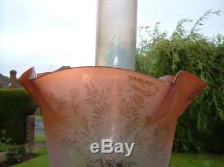 Excellent Orange Cranberry Victorian Delicately Etched Oil Lamp Shade