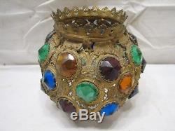 Early Victorian Brass Jeweled Kerosene Oil Parlor Banquet Fluid Lamp Ball Shade