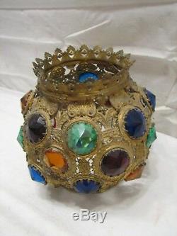 Early Victorian Brass Jeweled Kerosene Oil Parlor Banquet Fluid Lamp Ball Shade