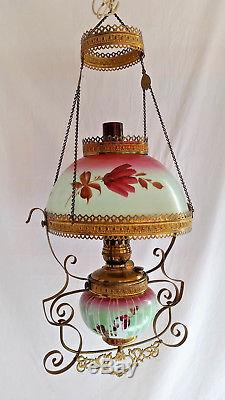 Elegant Antique PL B&G Oil Lamp Chandelier HandPainted Floral Shade, Ruby Chimney