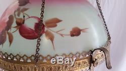Elegant Antique PL B&G Oil Lamp Chandelier HandPainted Floral Shade, Ruby Chimney