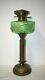 Embossed Green Glass & Brass Column Base Kerosene Oil Lamp Bird & Fleur De Lis