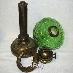 Embossed Green Glass & Brass Column Base Kerosene Oil Lamp Bird & Fleur De Lis