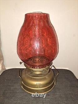 English Made Oil Lamp Church Heater with Stunning Cranberry Glass Shade Original