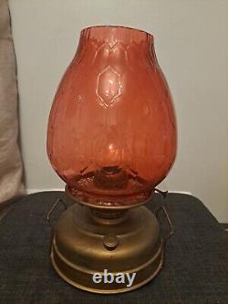 English Made Oil Lamp Church Heater with Stunning Cranberry Glass Shade Original