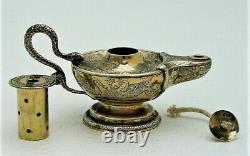 English Sterling Silver Oil Lamp with Figural Snake Handle Gold Wash Marked 1902