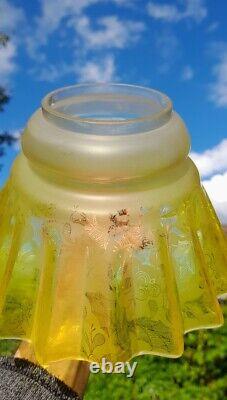 Exquisite Victorian Acid Etched Yellow Glass Oil Lamp Shade 2&3/4 Fitter