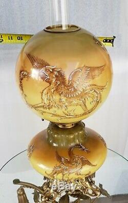 Extraordinary Antique Dragons Painted Original Oil Lamp Kerosene GWTW Shade Art