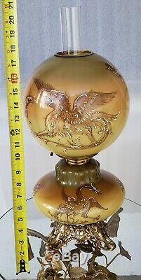 Extraordinary Antique Dragons Painted Original Oil Lamp Kerosene GWTW Shade Art