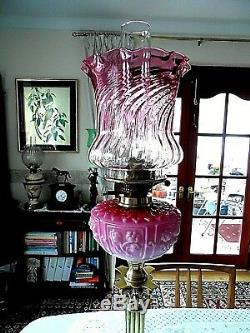 Extremely Large Cranberry Victorian Twin Duplex Banquet Table Oil Lamp
