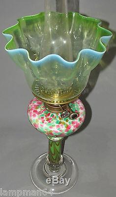 FABULOUS MULTI COLOUR ALL GLASS DUPLEX OIL LAMP WITH GREEN VASELINE SHADE