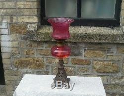 FANTASTIC ANTIQUE VICTORIAN CRANBERRY ETCHED OIL LAMP SHADE FONT & OWL BASE